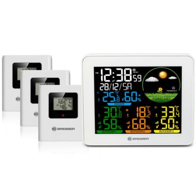 Bresser Station Météo Couleur 3 Capteurs Extérieurs Température Humidité Prévisions Horloge Réveil Portée 80m IP44