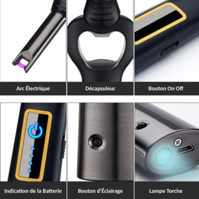 Briquet électrique rechargeable 3 en 1 USB LED décapsuleur indicateur batterie
