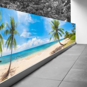 Brise vue Trompe l'oeil - 100x375 cm - Plage mer et palmiers 3617689696270