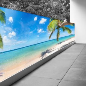 Brise vue Trompe l'oeil - 100x425 cm - Vue plage cocotiers 3617689695624