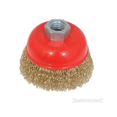 Brosse boisseau - Silverline - 75 mm - Acier laitonné - Élimination rouille - Filetage M14 x 2