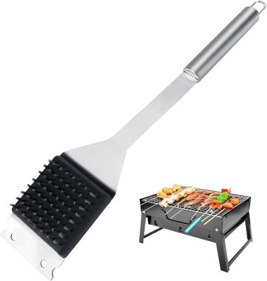 Brosse à gril en acier inoxydable, brosse à gril et grattoir avec manche de luxe, brosse de nettoyage pour gril, 34 x 6 cm