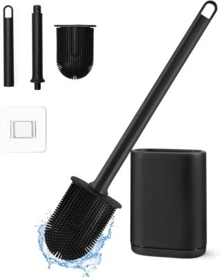 Brosse WC Silicone Noire avec Support Mural et Sol