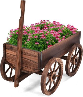 Brouette a Fleurs en Sapin Carbonise avec Poignee Reglable et 4 Roues Chariot a Fleurs avec Trou de Drainage