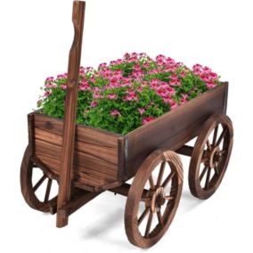 Brouette a Fleurs en Sapin Carbonise avec Poignee Reglable et 4 Roues Chariot a Fleurs avec Trou de Drainage