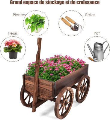 Brouette a Fleurs en Sapin Carbonise avec Poignee Reglable et 4 Roues Chariot a Fleurs avec Trou de Drainage