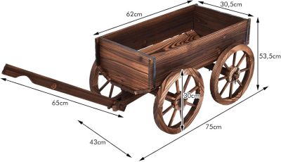 Brouette a Fleurs en Sapin Carbonise avec Poignee Reglable et 4 Roues Chariot a Fleurs avec Trou de Drainage