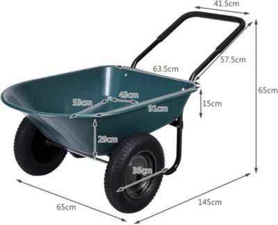 Brouette Jardin a 2 Roues pour Jardinage Chariot de Jardin Utilitaire en PP Remorque Brouette 2 Roues Charge 100KG 140x65x65CM