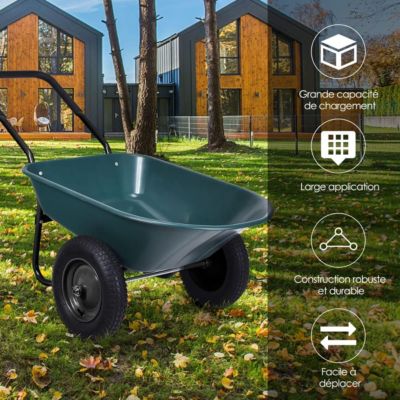 Brouette Jardin a 2 Roues pour Jardinage Chariot de Jardin Utilitaire en PP Remorque Brouette 2 Roues Charge 100KG 140x65x65CM