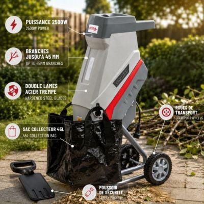 Broyeur de végétaux électrique 2500W 2 Lames acier trempé Branches jusqu'à 45mm Sac 45L IKRA