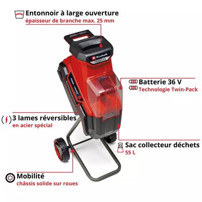 Broyeur de végétaux sans fil sans batterie 18 V, branche maxi 25 mm, bruit 100 dB(A), collecte 55 L, Einhell Redaxxo 36/25