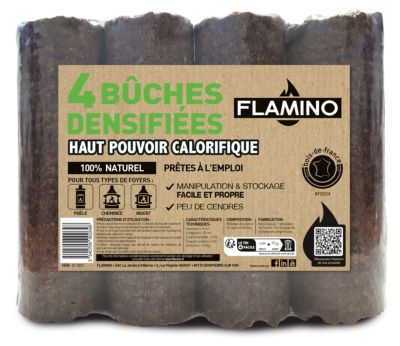 Bûche densifiée haut pouvoir calorifique Flamino - Prêt à l'emploi ≤ 12 % vendue par 4 pièces