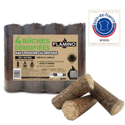 Bûche densifiée haut pouvoir calorifique Flamino - Prêt à l'emploi ≤ 12 % vendue par 4 pièces