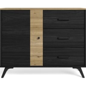 Buffet 1 porte 3 tiroirs effet bois noir et bois naturel 92 cm - Zack