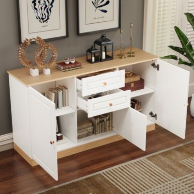 Buffet 135,5 cm blanc et décor bois avec 3 portes et 2 tiroirs