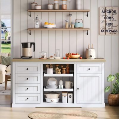 Buffet 150 cm blanc et décor bois avec rallonge pliante et prises intégrées