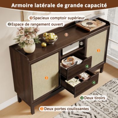 Buffet 150x39.5x80 cm - 2 portes coulissantes et 2 tiroirs - étagères réglables - panneaux de particules - naturel