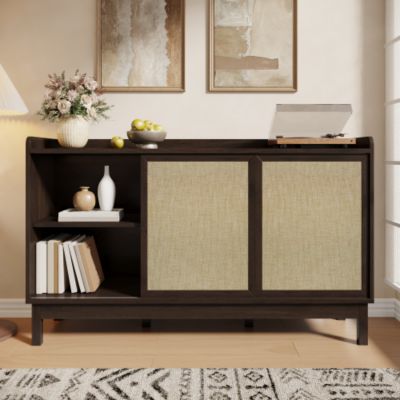 Buffet 150x39.5x80 cm - 2 portes coulissantes et 2 tiroirs - étagères réglables - panneaux de particules - naturel