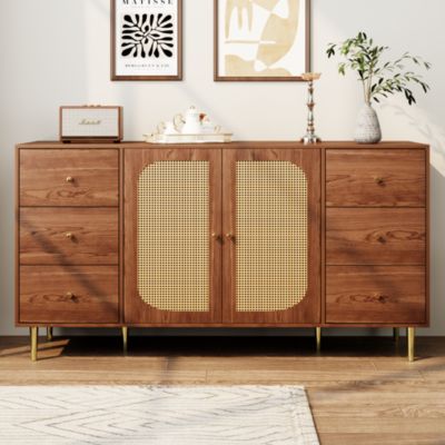 Buffet 160 cm en MDF effet bois avec portes en rotin et 6 tiroirs