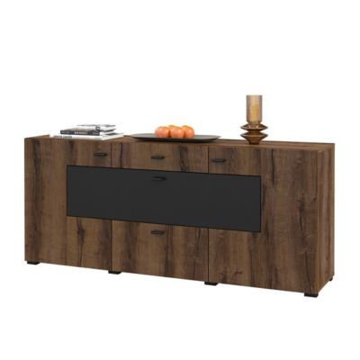Buffet 165cm collection KOBEE 3 portes et 2 tiroirs. Couleur chene foncé et noir.