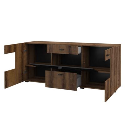 Buffet 165cm collection KOBEE 3 portes et 2 tiroirs. Couleur chene foncé et noir.