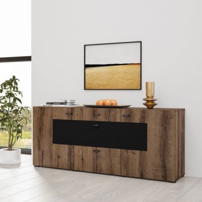 Buffet 165cm collection KOBEE 3 portes et 2 tiroirs. Couleur chene foncé et noir.