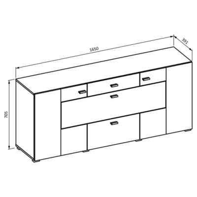 Buffet 165cm collection KOBEE 3 portes et 2 tiroirs. Couleur chene foncé et noir.