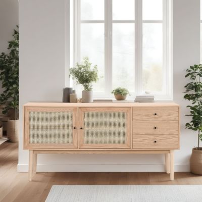 Buffet 2 portes 3 tiroirs en bois et cannage naturel 170 cm - Eden