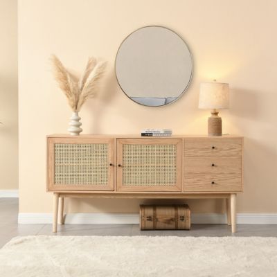 Buffet 2 portes 3 tiroirs en bois et cannage naturel 170 cm - Eden