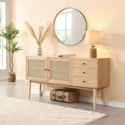 Buffet 2 portes 3 tiroirs en bois et cannage naturel 170 cm - Eden