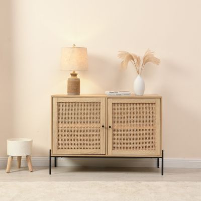 Buffet 2 portes en cannage naturel et effet chêne 110 cm - Iris