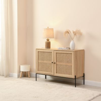 Buffet 2 portes en cannage naturel et effet chêne 110 cm - Iris