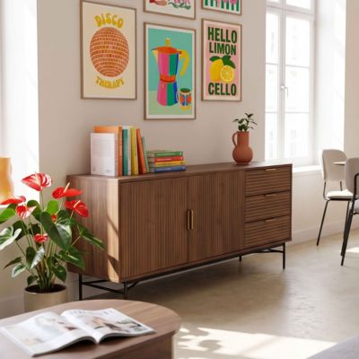 Buffet 2 portes et 3 tiroirs en mélaminé et acier 160 cm marron  Oviala