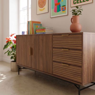Buffet 2 portes et 3 tiroirs en mélaminé et acier 160 cm marron  Oviala