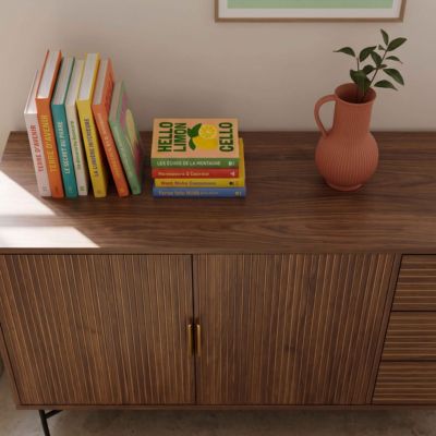 Buffet 2 portes et 3 tiroirs en mélaminé et acier 160 cm marron  Oviala