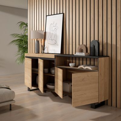 Buffet 200x35x87cm couleur chêne et noir