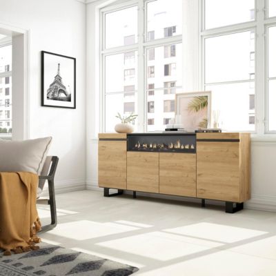 Buffet 200x35x87cm feu led sans chaleur couleur chêne et noir