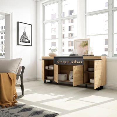 Buffet 200x35x87cm feu led sans chaleur couleur chêne et noir