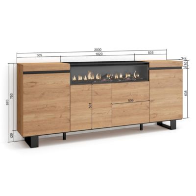 Buffet 200x35x87cm feu led sans chaleur couleur chêne et noir