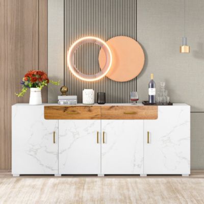 Buffet 208 cm blanc marbré avec 4 portes et 2 tiroirs