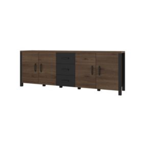 Buffet 220cm collection DARWIN. Couleur chêne foncé et noir. 4 portes et 3 tiroirs