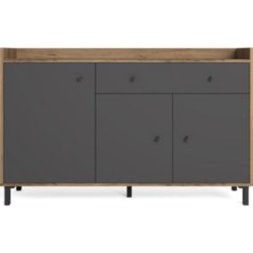 Buffet 3 portes 1 tiroir gris anthracite et effet bois 136 cm - Aurelia