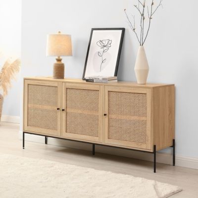 Buffet 3 portes en cannage naturel et effet chêne 160 cm - Iris