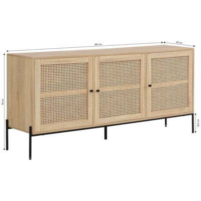 Buffet 3 portes en cannage naturel et effet chêne 160 cm - Iris