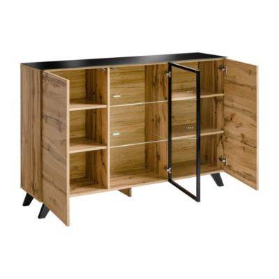 Buffet 3 portes TINO avec LED  Chene clair et noir  Style scandinave moderne