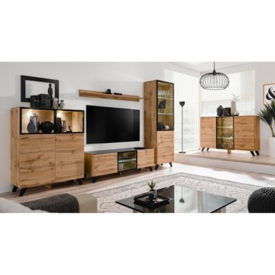 Buffet 3 portes TINO avec LED  Chene clair et noir  Style scandinave moderne