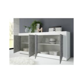 Buffet 4 portes, collection BURA, blanc laqué brillant/chêne clair, idéal pour salon moderne