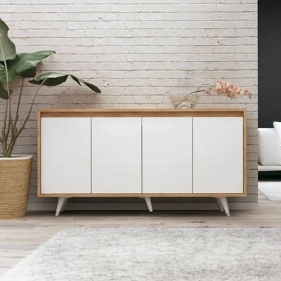 Buffet 4 portes moderne effet bois blanc  Oviala