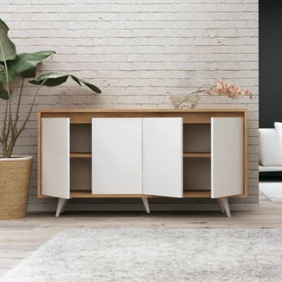 Buffet 4 portes moderne effet bois blanc  Oviala