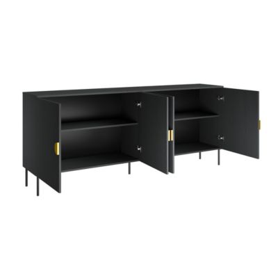 Buffet 4 portes MONDO  Noir mat, pieds métal et poignées dorées  Design moderne